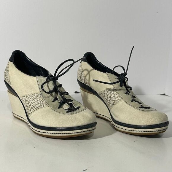 Cole Haan Canvas and Leather Lace-up Wedge Shoes Off-white & Blue | Women Size 6 - Picture 3 of 16